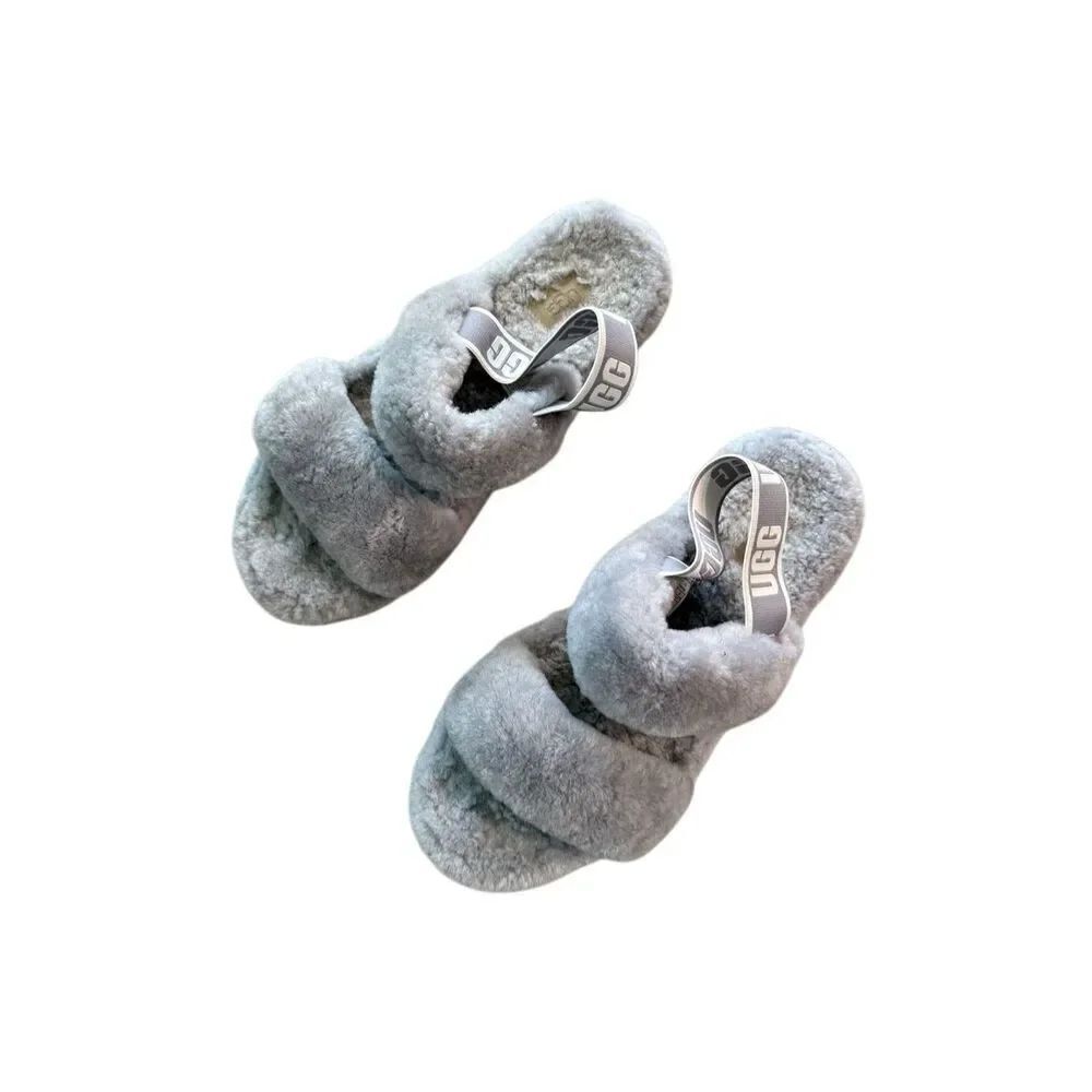 UGG Fluff Yeah Womens greyFuzz Sugar Plush Slingback Slide Sandals Size 9